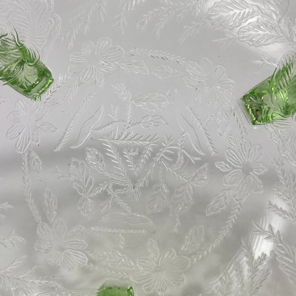 Vtg US Glass Rose Thorn Green Depression Vaseline Uranium Bowl 3 Toe Footed 30s - Picture 13 of 16